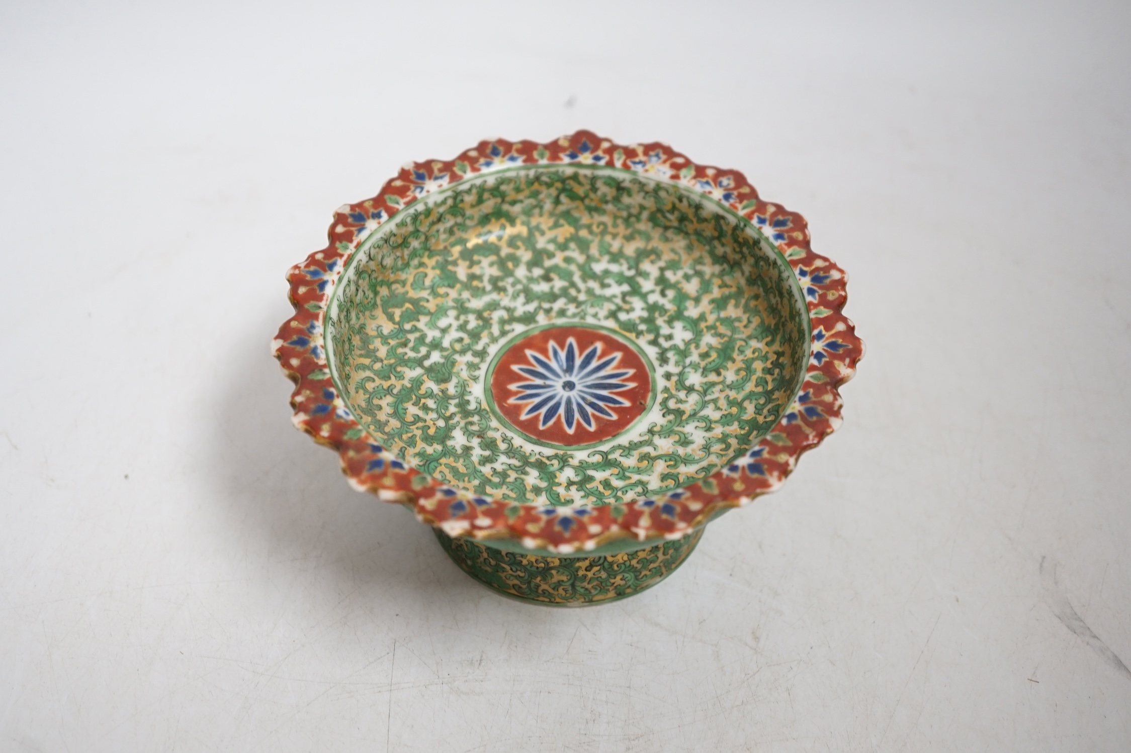 A Chinese enamelled porcelain stem dish, late 19th century possibly Thai market, 14cm diameter. Condition - fair